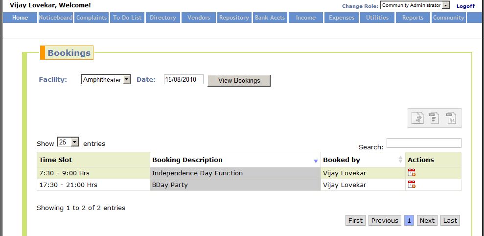 Sample Screenshot containing list of bookings of a facility on a given day