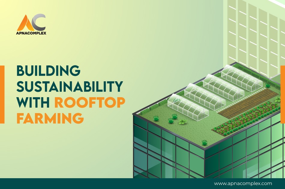 Graphic of building roof with nursery and text saying, 'Building Sustainability with Rooftop Farming'