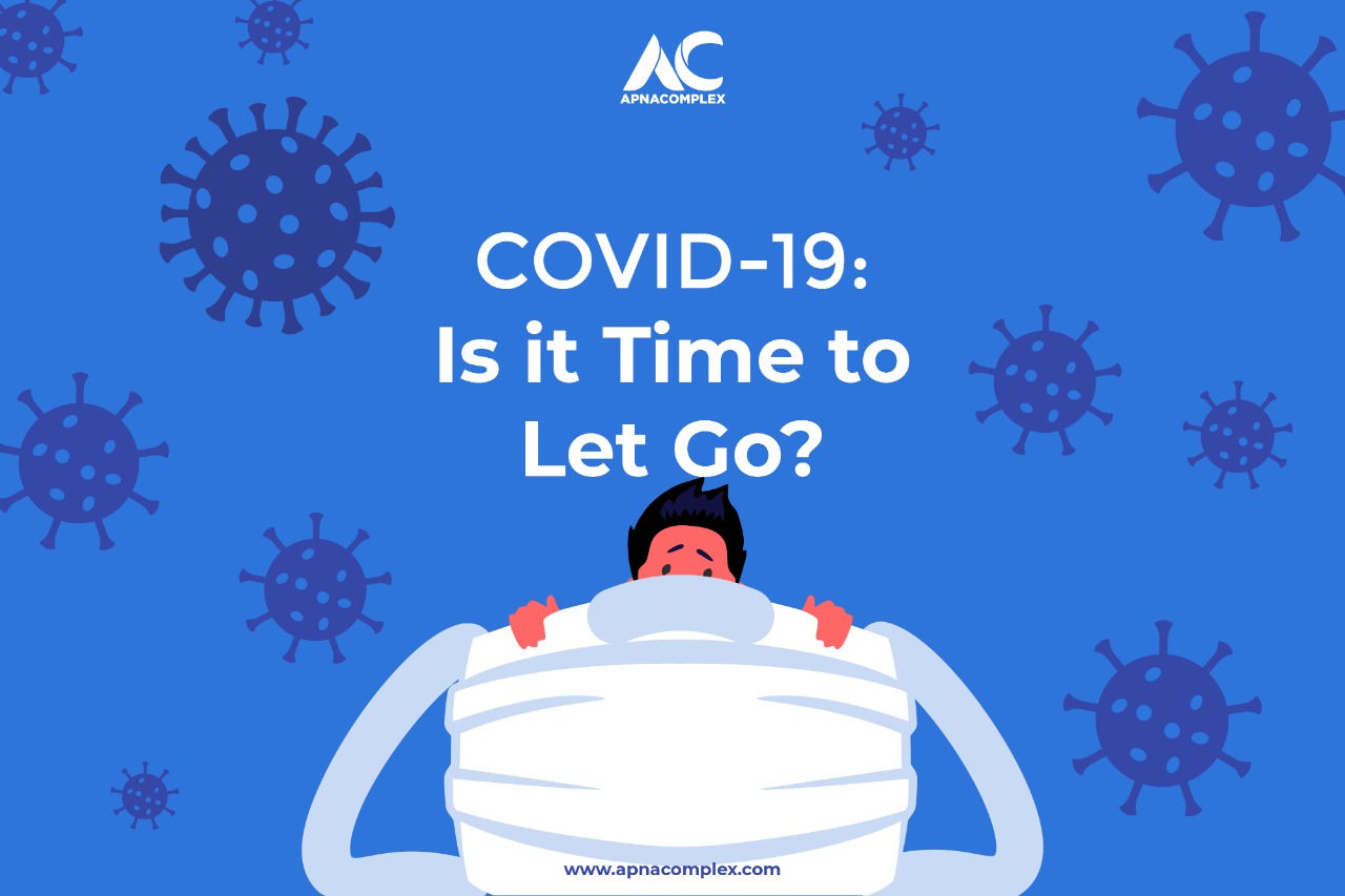 Graphic of amask with the text "COVID-19: Is it Time to Let Go?"