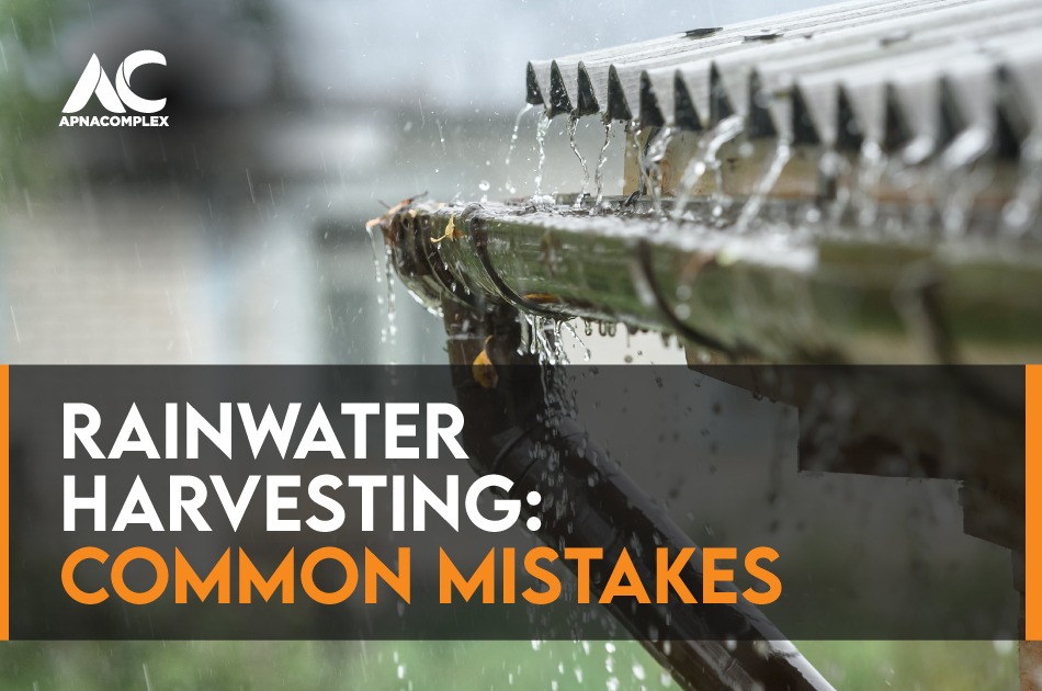 Text saying, "Rainwater Harvesting: Common mistakes' on the background of an overflowing drain