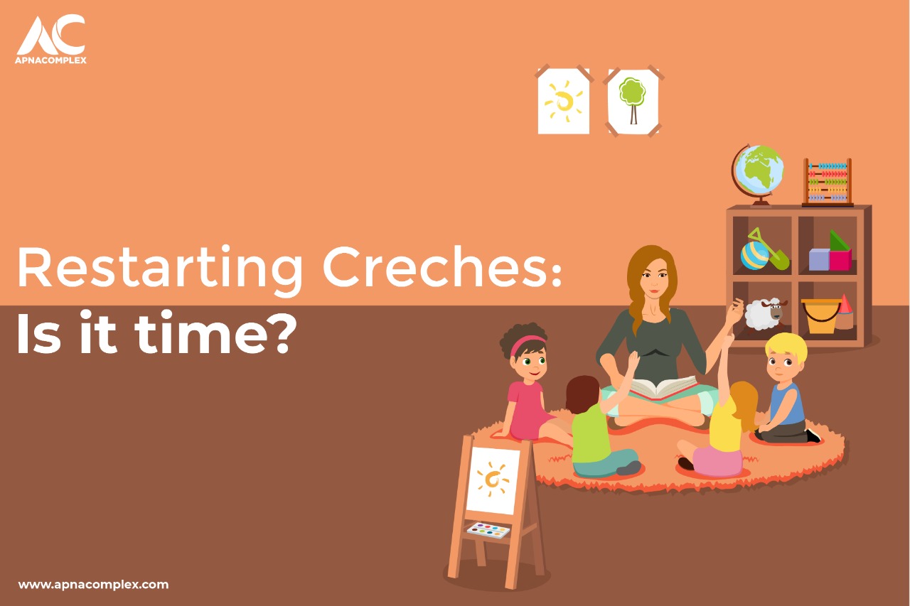 Graphic of a creche with the text "Restarting Creches: Is it time?"