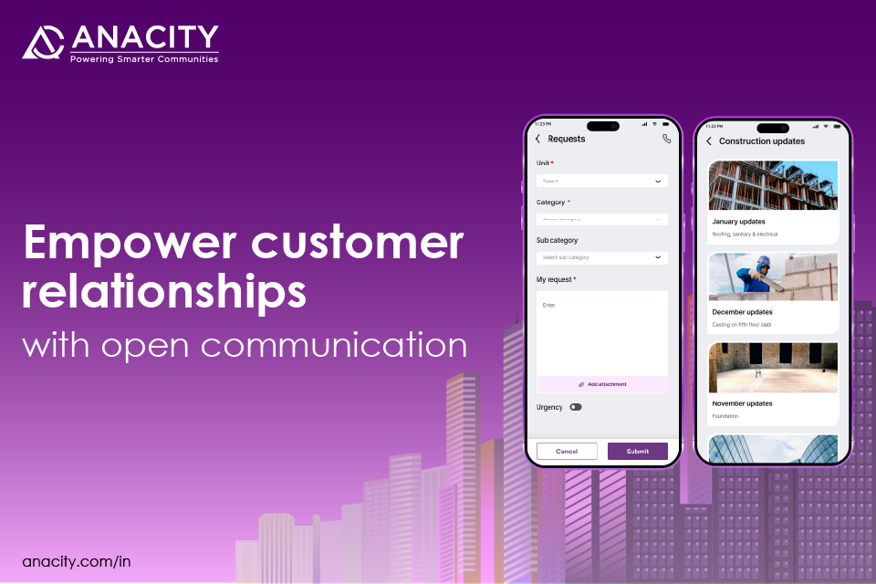 Creative with buildings in the background, phone screens at the front with text Empower customer relationships with open communication